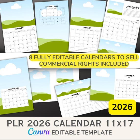 2026 Calendar Templates for Etsy Sellers: 11x17 Canva PLR (Digital Download)
