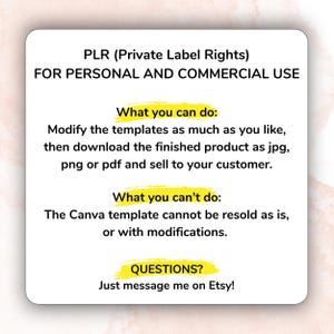 May include: White digital product information sheet with black text. The text includes "PLR (Private Label Rights)" and details on personal and commercial use, including modifying and selling templates. It also states what is not allowed.