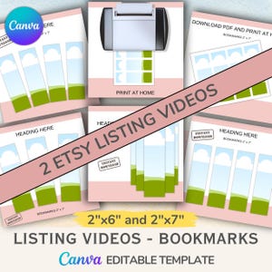 Pode incluir: Dois vídeos de listagem Etsy para marcadores imprimíveis. Os vídeos mostram marcadores de 2" x 6" e 2" x 7" com um design verde, azul e branco. O texto "Baixar PDF e imprimir em casa" e "Download instantâneo" é visível nas imagens.