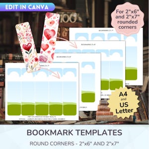 May include: Printable bookmark templates for 2x6 inch and 2x7 inch bookmarks with rounded corners. The templates feature a gradient background with a green and light green colour scheme. The text "BOOKMARK TEMPLATES" is displayed in a large font at the bottom of the image. The text "ROUND CORNERS - 2"x6" AND 2"x7"" is displayed in a smaller font below the larger text. The text "A4 and US Letter" is displayed in a red circle in the upper right corner of the image.