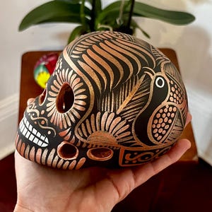 Authentic Collectible Ceramic Hand-Painted Mexican Sugar Skull [Black & Bronze] Dia de Muertos/Day of The Dead Calavera