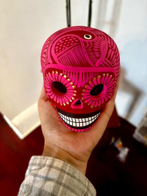 Hand-Painted Mexican Sugar Skull Cinco de Mayo Calavera de Dia de Muertos Day of the Dead Ceramic Skull Head by Artesano Red and Pink