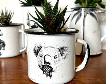 Hand-crafted Vintage Enamel Planters | skeleton koala crown tentacles frog bicycle bee