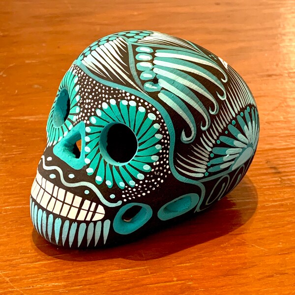 Authentic Collectible Ceramic Hand-Painted Mexican Sugar Skull [Black & Teal] Dia de Muertos/Day of The Dead Calavera [MH BlkMd]