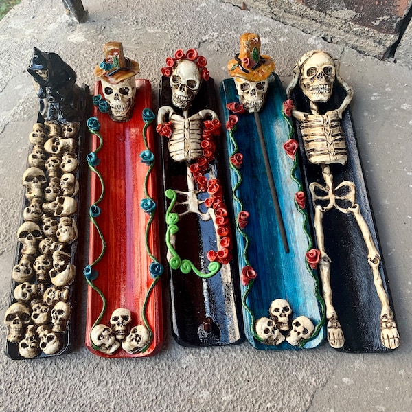 Handcrafted Incense Burner [choose design] Day of the Dead / Halloween Themed Incense Holder Decorative Ash Catcher