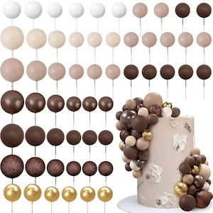 Juego de 32/56 miniadornos para tartas, bolas de espuma de color marrón, dorado y blanco, accesorios para tartas de varios tamaños