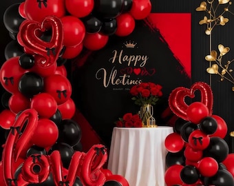 113Pcs Red And Black Love Valentine's Day Balloon Arch: Balloons, Bows And Hearts