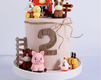 Farm Animal Cake Topper Set: 3D Cow, Chicken, Horse & Barn