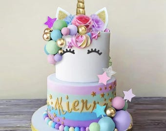 38PCS Unicorn Cake Topper Set: Pastel Stars, Flowers, Cake Balls