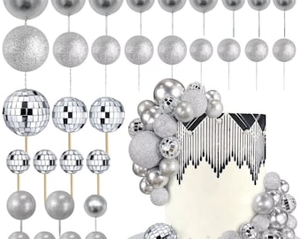Silver Glitter Cake Toppers: Disco Ball Birthday Decorations, 32-Piece Set