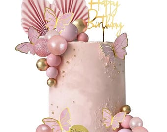 27Pcs Mini Cake Toppers Light Pink And Glimmer Gold, Butterfly Foam Balls Cake Decoration Set Multiple Sizes Cake Palm Leaf Bundle