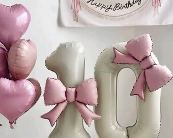 DIY Number Balloon Kit: Pink & Cream Birthday Decorations With Bow And Pink Hearts