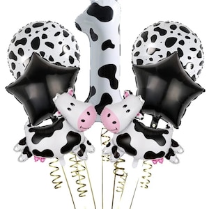 40&quot; Inch Cow Print Black And White Number Foil Balloon Bouquet Bundle Birthdays, Anniversaries, Celebrations, Party Decor Farm Theme Kids
