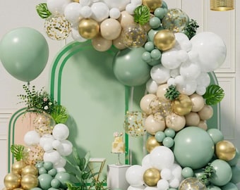97Pcs Light Green, White And Gold Confetti Filled Party Balloon Arch Garland Kit For Birthday Parties Decor