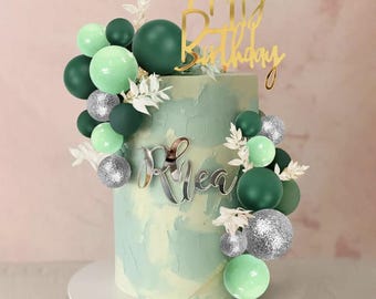 Sage Green & Silver Cake Toppers: 47-Piece Birthday Cake Decoration Set