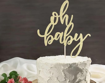 Oh Baby Cake Topper: Golden Glitter Cursive Script - Baby Shower Decor