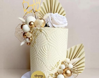 Mini Cake Toppers: Cream, White & Gold Foam Balls + Palm Leaf Decor