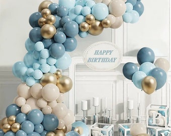 Kit de 116 guirnaldas de globos en azul verdoso, azul bebé, dorado y beige para baby shower y fiesta de cumpleaños.