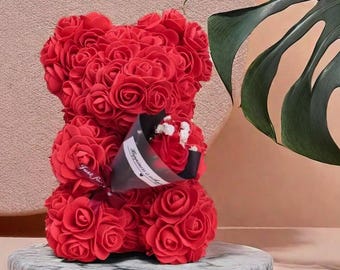 22CM Rose Teddy Bear Carrying Flower Bouquet | Pink, White, Red | Valentine's Gift, Mother's Day