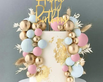 Mini Cake Toppers: Sage, Baby Blue, Pink & Gold Foam Balls - Birthday Cake Decoration Set
