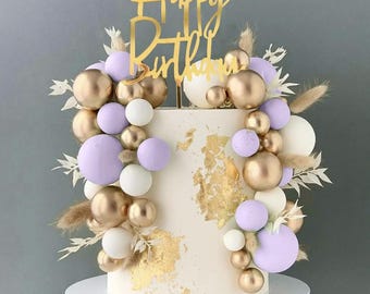 47Pcs Mini Cake Toppers Sage Purple, Shimmer Gold And White Foam Balls Cake Set Multiple Sizes Cake Accessories Bundle With Birthday Sign