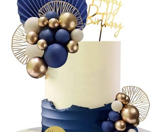 Navy Blue & Gold Cake Topper Set: Shimmering Foam Ball Decorations