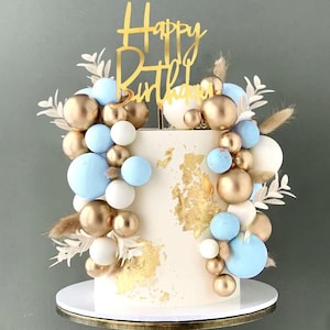 47Pcs Mini Cake Toppers Sage Baby Blue, Shimmer Gold And White Foam Balls Cake Set Multiple Sizes Cake Accessories Bundle With Birthday Sign