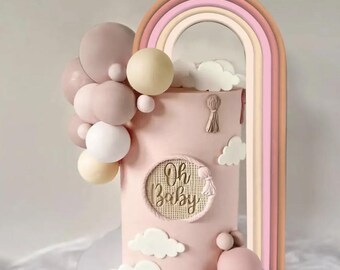 28PCS Blush Pink Pastel Rainbow Cake Topper Set: 3D Arch & Foam Balls