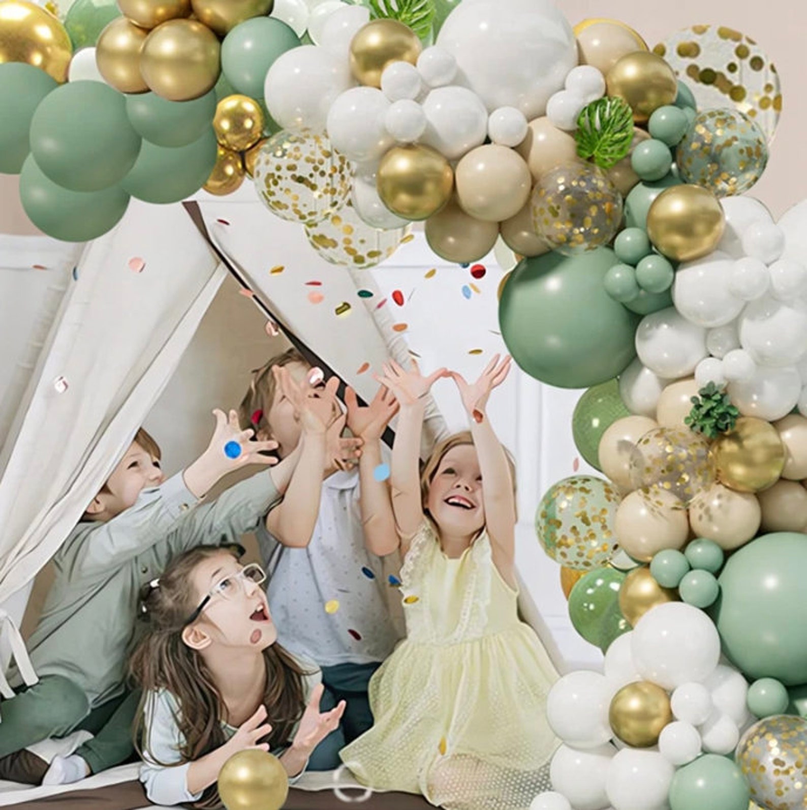 97pcs Light Green, White and Gold Confetti Filled Party Balloon Arch
