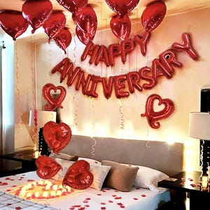 Palloncino romantico rosso da 16" con la scritta "Buon anniversario", 14 palloncini a forma di cuore rosso, set di decorazioni per feste di anniversario con palloncini romantici