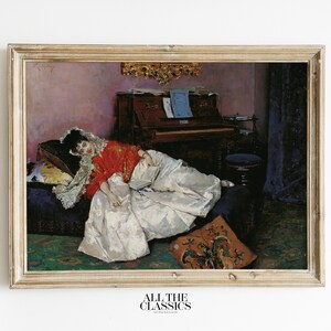 May include: A framed painting of a woman in a red and white dress lying on a couch. The woman is looking at the viewer. The painting is set in a room with a piano and a stool. The painting is titled "All the Classics".