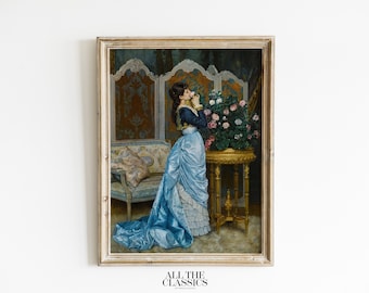 Vintagekonsttryck | Utskrivbar väggkonst | Kvinnligt porträtt | Elegant viktoriansk kvinna | Djärv blå | Dagdrömmande | Auguste Toulmouche