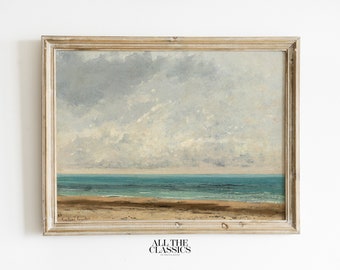 Impresión de arte vintage / Arte de pared imprimible / Paisaje marino neutro Paisaje de playa oceánica / Colores azules fríos / Mar tranquilo / Gustave Courbet