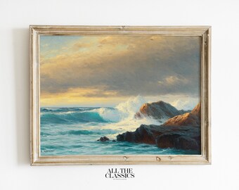 Impresión de arte vintage / Arte de pared imprimible / Paisaje marino dramático paisaje oceánico / Colores fríos / Rompedores en la costa al atardecer / Carl Kenzler