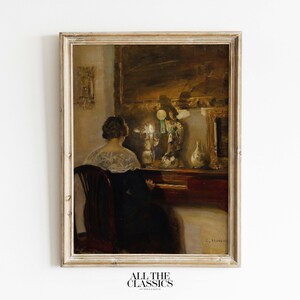 Vintage Art Print | Printable Wall Art | Rustic Moody Female Portrait | Music Academia | A Lady Playing the Piano | Carl Holsøe