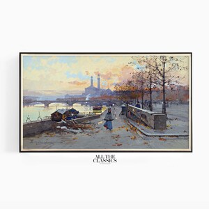 Samsung Frame TV Art | Vintage Art | Digital Wall Art | Paris France Dramatic Winter Street | Au Quai | Eugène Galien-Laloue