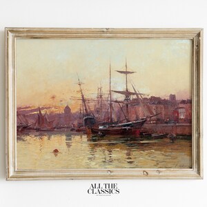 Vintage Art Print | Printable Wall Art | Dramatic Nautical French Harbor | Voiliers à Quai en Normandie | Eugène Galien-Laloue