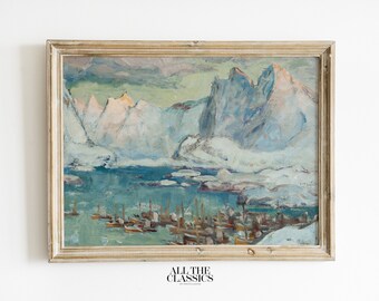 Vintage Art Print | Printable Wall Art | Norway Winter Village Harbor | Svolvaer Harbour at the Height of the Fishing Season | Anna Boberg