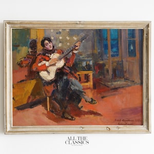Vintage kunstafdruk | Afdrukbare muurkunst | Mannelijke portret | Muziek | Gedurfd oranje blauw | De gitarist | Konstantin Alexejevitsj Korovin