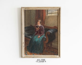 Vintage Art Print | Printable Wall Art | Woman Reading | Rustic Female Portrait | Dark Colors | A Lady Reading | William Henry Hunt