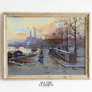 Vintage Art Print | Printable Wall Art | Dramatic Winter French Street Scene | Paris Canal Cityscape | Au Quai | Eugène Galien-Laloue