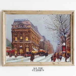 Impresión de arte vintage / Arte de pared imprimible / Escena callejera de invierno francesa / Paisaje urbano de París / Théâtre de la Renaissance / Eugène Galien-Laloue