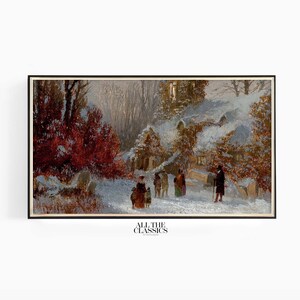 May include: A painting of a snowy winter scene with a group of people walking towards a house. The house has a snow-covered roof and is surrounded by trees. The sky is a light blue color and there are clouds in the sky.