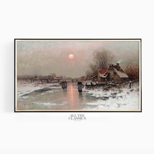 Samsung Frame TV Art | Vintage Art | Digital Wall Art | Winter Village | Dutch Peasants on a Frozen Waterway at Sundown | Johann Jungblut