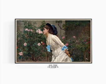 Samsung Frame TV Art | Vintage Art | Digital Wall Art | Elegant Victorian Spring Female Portrait | Woman and Roses | Auguste Toulmouche