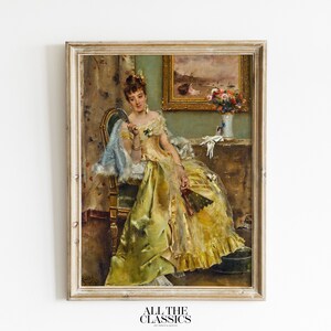 Impresión de arte vintage / Arte de pared imprimible / Mujer elegante / Retrato femenino victoriano / Colores amarillo y dorado / Coqueta / Alfred Stevens