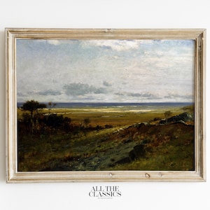 Puede incluir: Una pintura de paisaje enmarcada que representa un campo de hierba con un horizonte lejano. El cielo es de color azul claro con nubes blancas. La pintura está en un marco de madera claro.