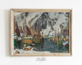 Vintage Art Print | Printable Wall Art | Winter Village Nautical Harbor | Among the Fishing Boats in Svolvaer | Anna Boberg
