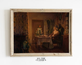 May include: A painting of a woman sitting in a chair in a dimly lit room. She is looking at a small Christmas tree with candles on it. The room is decorated with curtains and other objects. The painting is framed in a light wood frame.
