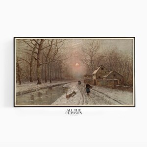 Samsung Frame TV Art | Vintage Art | Digital Wall Art | Snowy Winter Village | Abendstimmung über einer Dorfstraße | Johann Jungblut